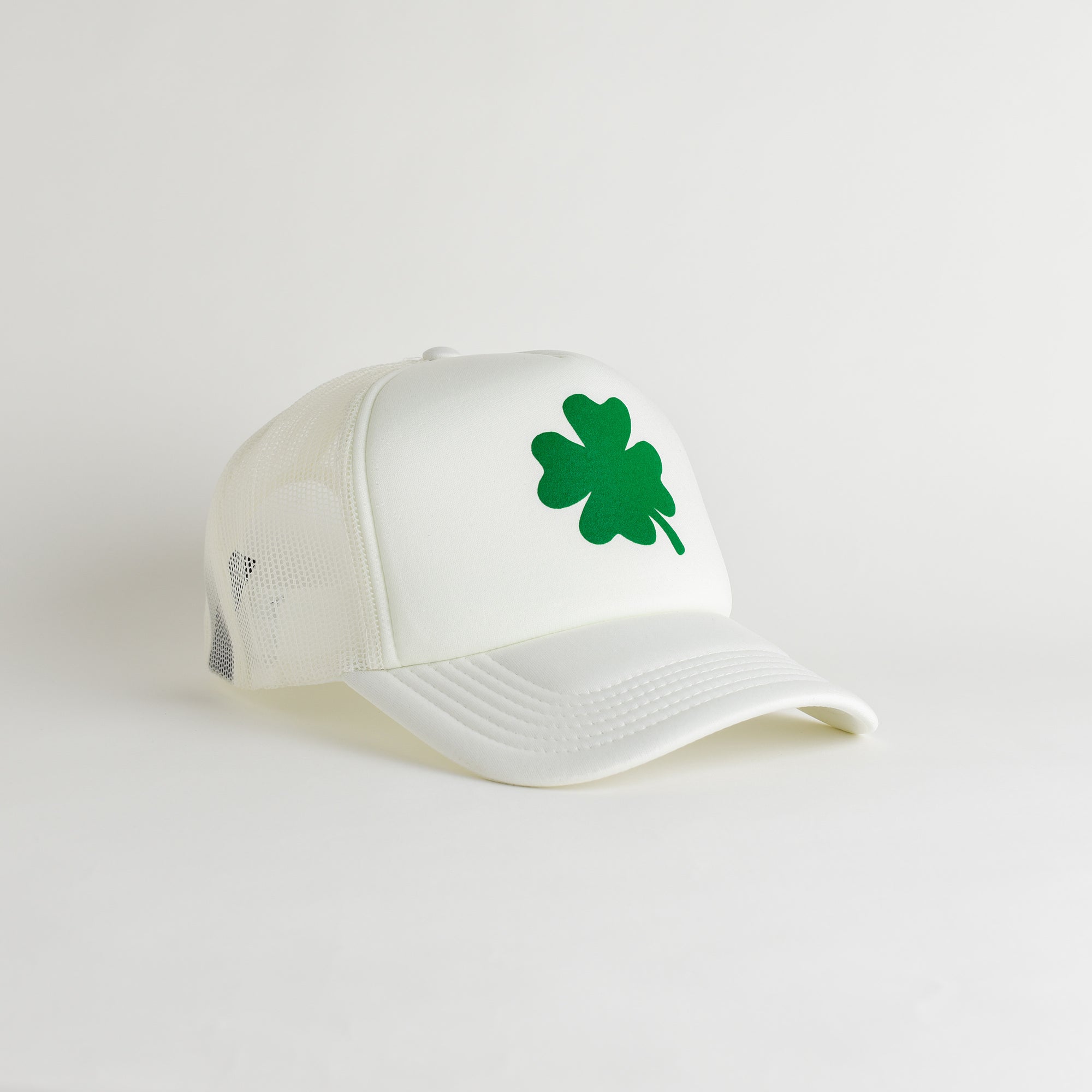 St. Patrick's Day 4 Leaf Clover Recycled Trucker Hat - snow