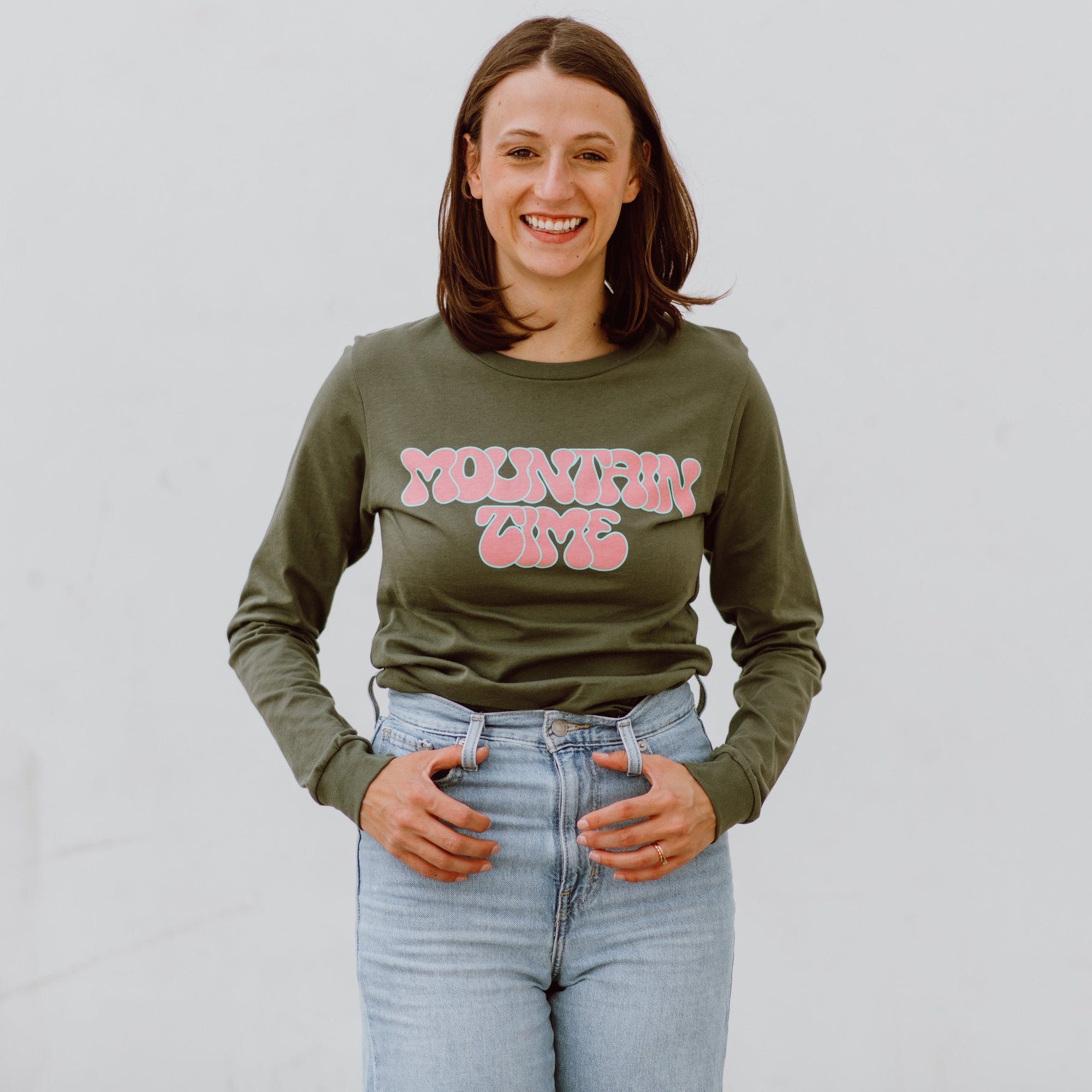 Mountain Time Retro Long Sleeve Tee - olive Shirts & Tops August Ink