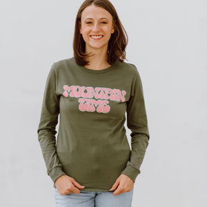 Mountain Time Retro Long Sleeve Tee - olive Shirts & Tops August Ink 